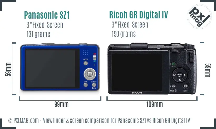 Panasonic SZ1 vs Ricoh GR Digital IV Screen and Viewfinder comparison