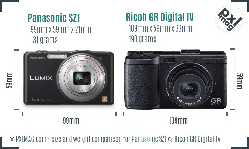 Panasonic SZ1 vs Ricoh GR Digital IV size comparison