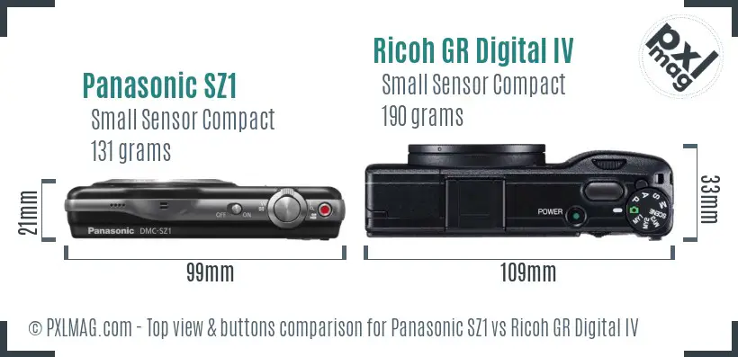 Panasonic SZ1 vs Ricoh GR Digital IV top view buttons comparison