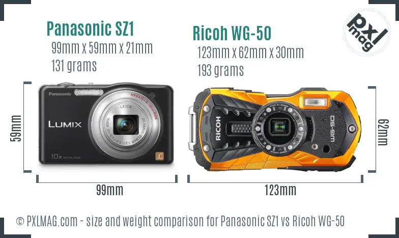 Panasonic SZ1 vs Ricoh WG-50 size comparison