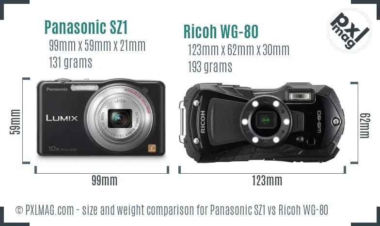 Panasonic SZ1 vs Ricoh WG-80 size comparison