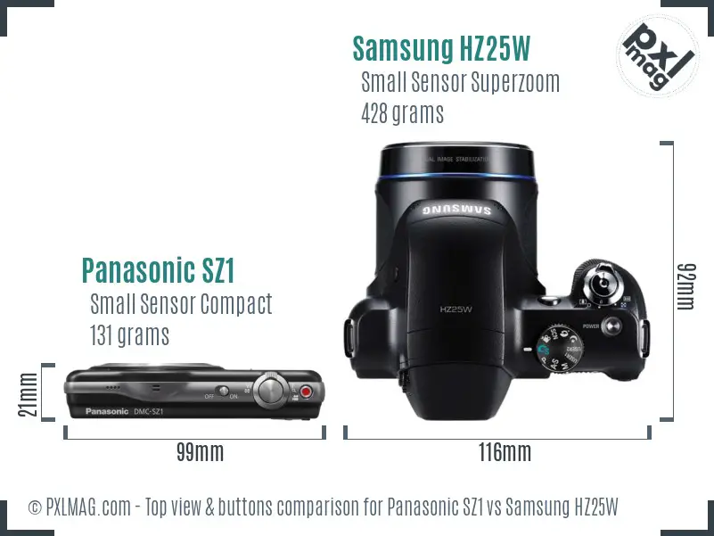 Panasonic SZ1 vs Samsung HZ25W top view buttons comparison Panasonic SZ1 vs Samsung HZ25W top view buttons comparison