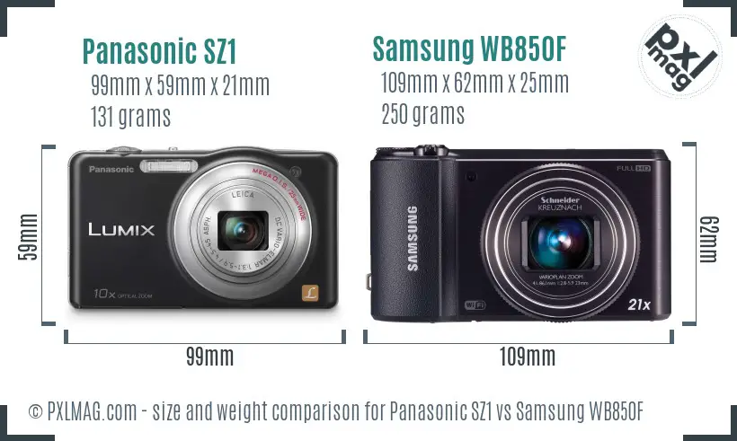 Panasonic SZ1 vs Samsung WB850F size comparison