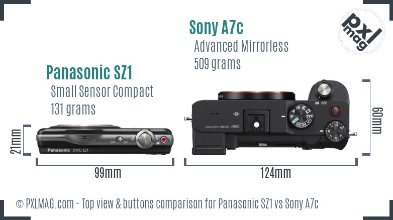 Panasonic SZ1 vs Sony A7c top view buttons comparison