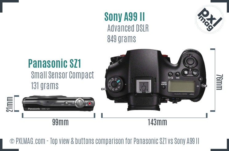 Panasonic SZ1 vs Sony A99 II top view buttons comparison