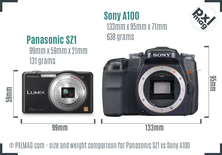 Panasonic SZ1 vs Sony A100 size comparison Panasonic SZ1 vs Sony A100 size comparison
