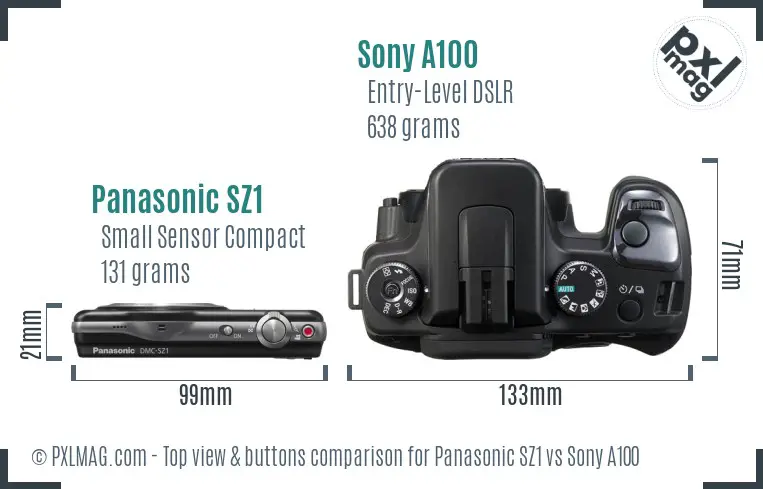 Panasonic SZ1 vs Sony A100 top view buttons comparison Panasonic SZ1 vs Sony A100 top view buttons comparison