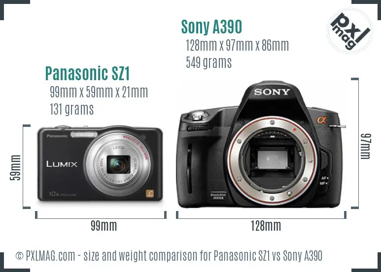 Panasonic SZ1 vs Sony A390 size comparison Panasonic SZ1 vs Sony A390 size comparison