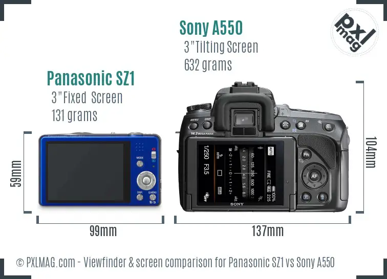 Panasonic SZ1 vs Sony A550 Screen and Viewfinder comparison