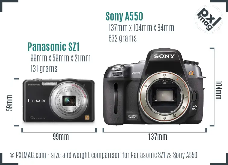 Panasonic SZ1 vs Sony A550 size comparison