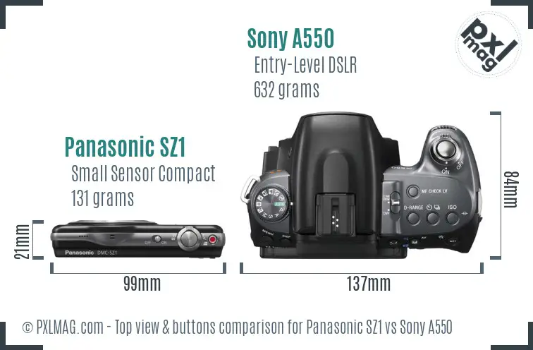 Panasonic SZ1 vs Sony A550 top view buttons comparison