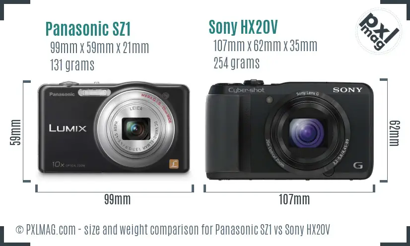 Panasonic SZ1 vs Sony HX20V size comparison