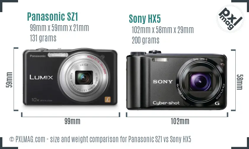 Panasonic SZ1 vs Sony HX5 size comparison