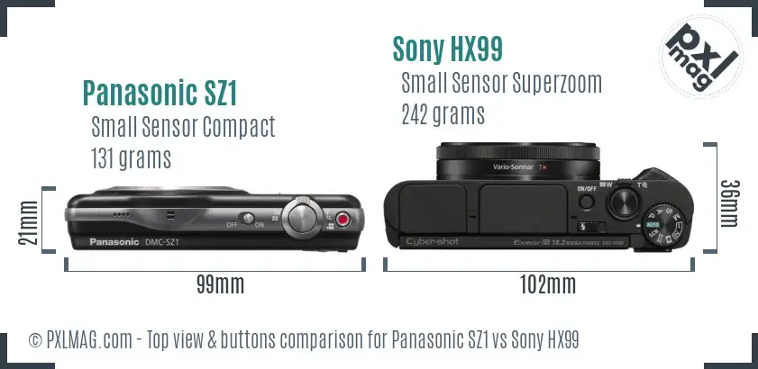 Panasonic SZ1 vs Sony HX99 top view buttons comparison Panasonic SZ1 vs Sony HX99 top view buttons comparison