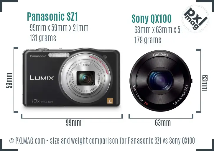 Panasonic SZ1 vs Sony QX100 size comparison
