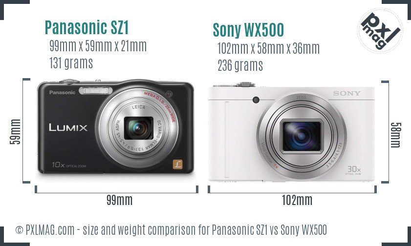 Panasonic SZ1 vs Sony WX500 size comparison