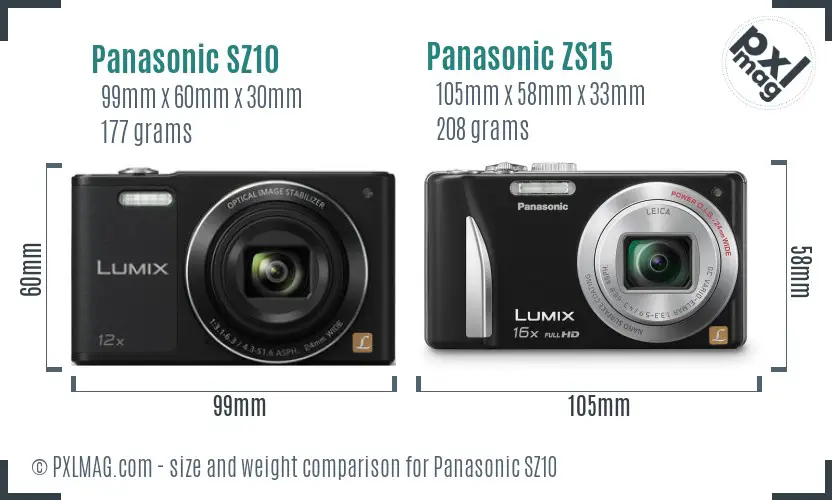 Panasonic SZ10 vs Panasonic ZS15 size comparison