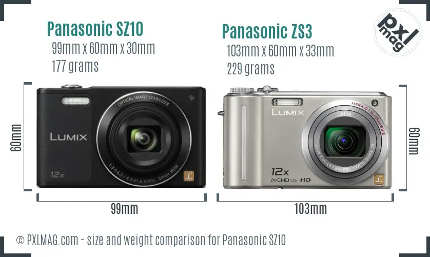 Panasonic SZ10 vs Panasonic ZS3 size comparison