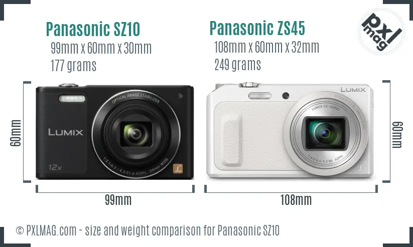 Panasonic SZ10 vs Panasonic ZS45 size comparison