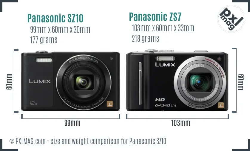 Panasonic SZ10 vs Panasonic ZS7 size comparison