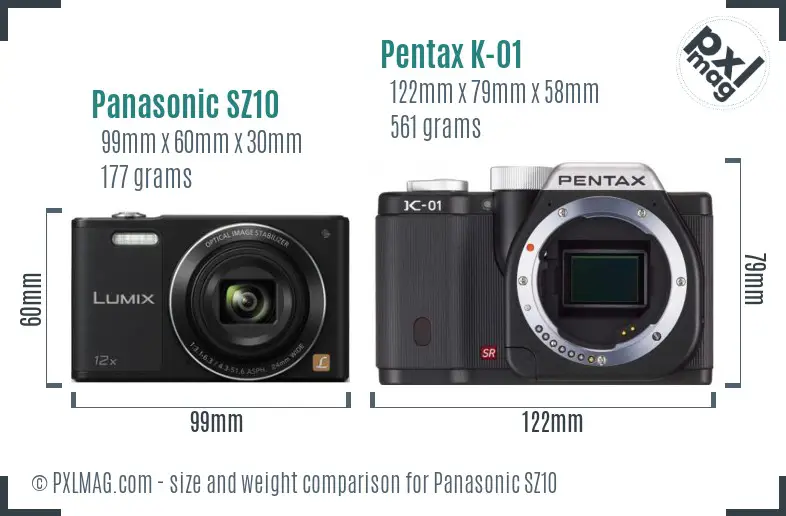 Panasonic SZ10 vs Pentax K-01 size comparison