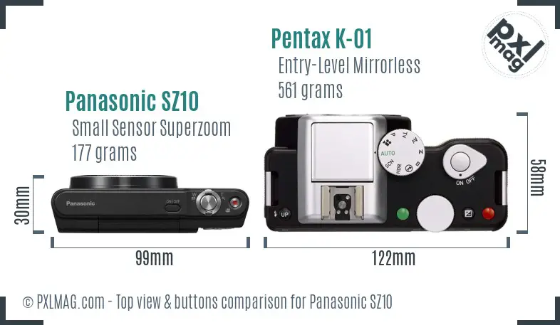 Panasonic SZ10 vs Pentax K-01 top view buttons comparison