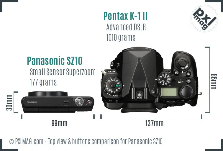 Panasonic SZ10 vs Pentax K-1 II top view buttons comparison