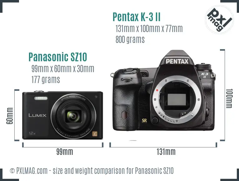 Panasonic SZ10 vs Pentax K-3 II size comparison