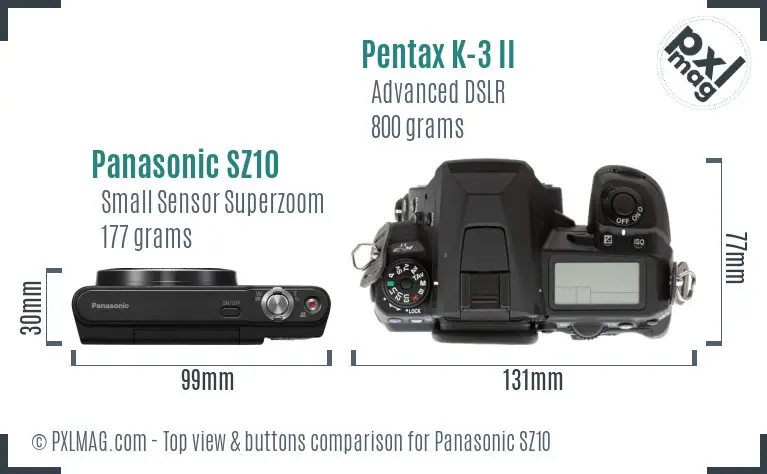 Panasonic SZ10 vs Pentax K-3 II top view buttons comparison
