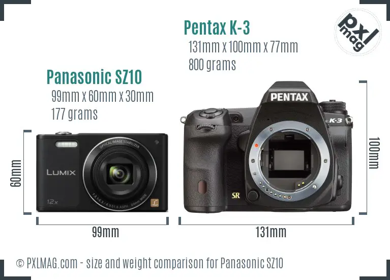 Panasonic SZ10 vs Pentax K-3 size comparison