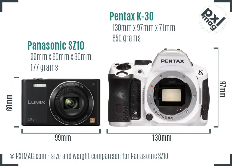 Panasonic SZ10 vs Pentax K-30 size comparison