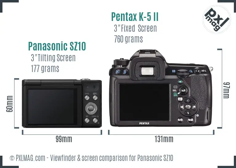 Panasonic SZ10 vs Pentax K-5 II Screen and Viewfinder comparison
