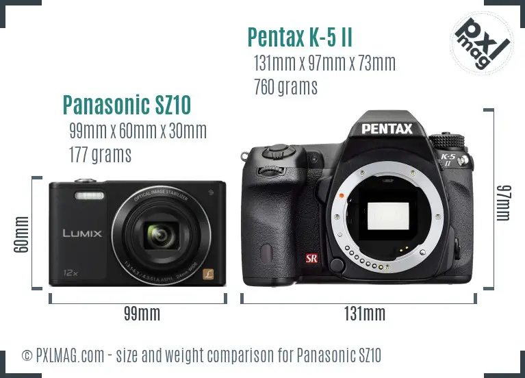 Panasonic SZ10 vs Pentax K-5 II size comparison