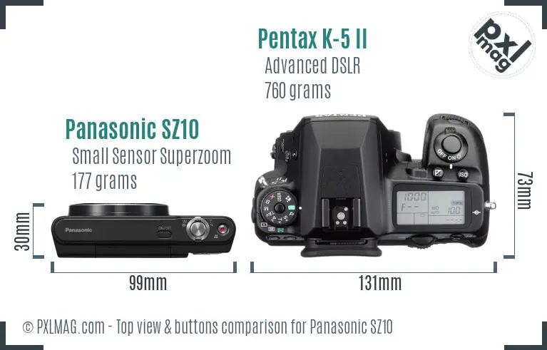 Panasonic SZ10 vs Pentax K-5 II top view buttons comparison