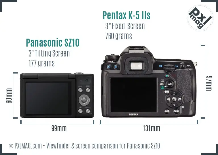 Panasonic SZ10 vs Pentax K-5 IIs Screen and Viewfinder comparison
