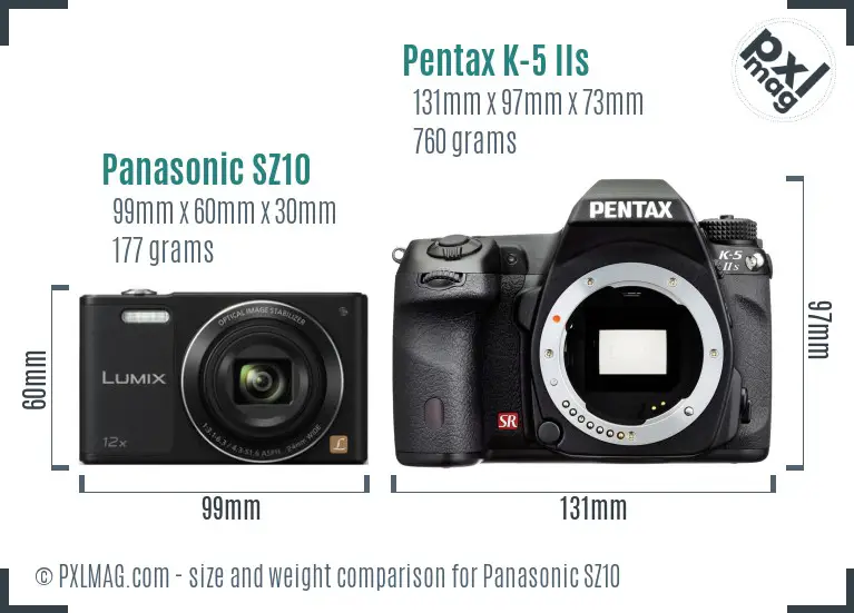 Panasonic SZ10 vs Pentax K-5 IIs size comparison