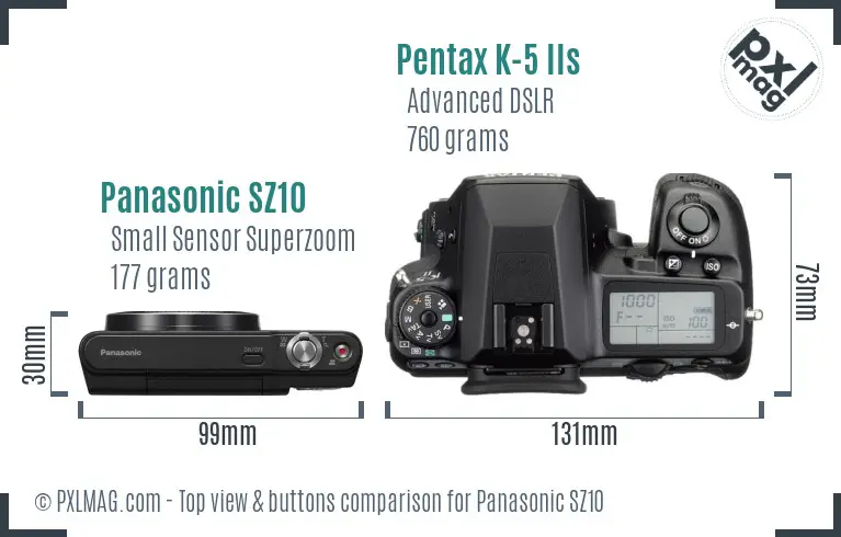 Panasonic SZ10 vs Pentax K-5 IIs top view buttons comparison