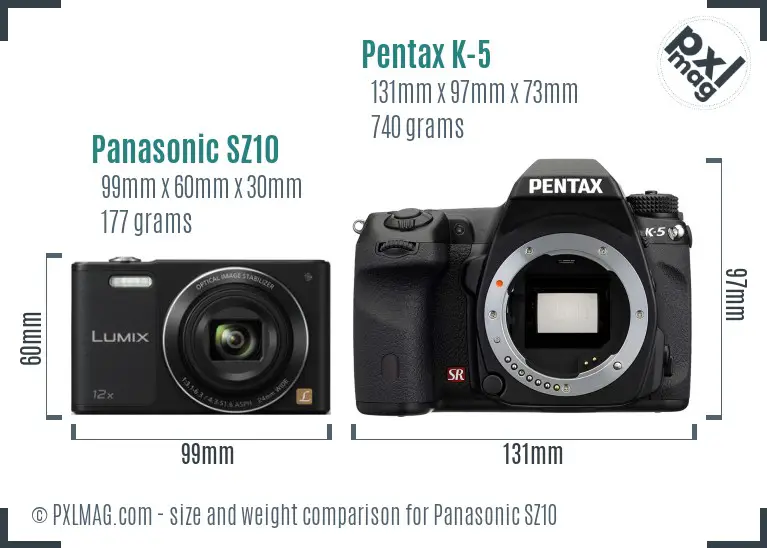 Panasonic SZ10 vs Pentax K-5 size comparison