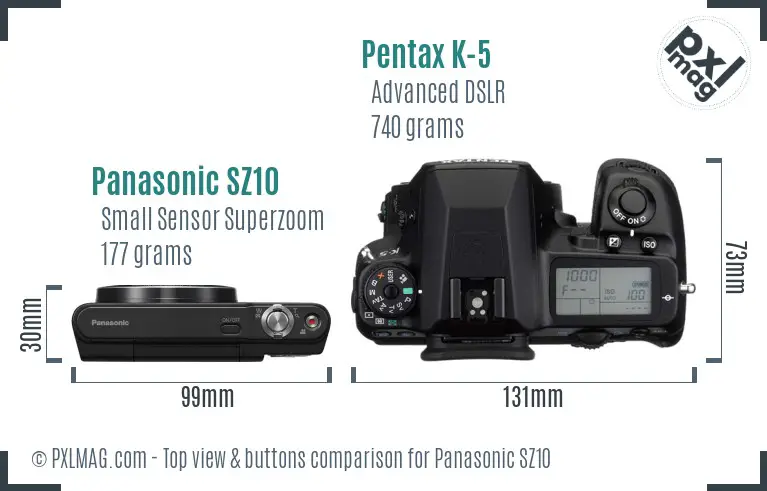Panasonic SZ10 vs Pentax K-5 top view buttons comparison