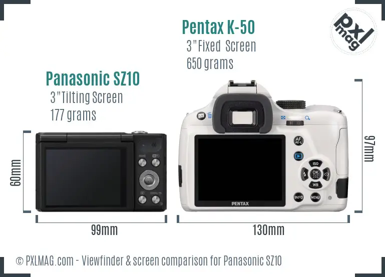 Panasonic SZ10 vs Pentax K-50 Screen and Viewfinder comparison