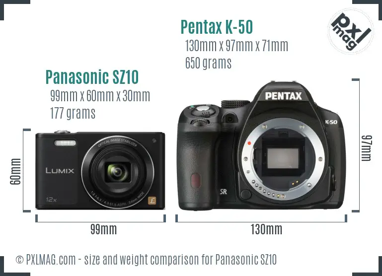 Panasonic SZ10 vs Pentax K-50 size comparison