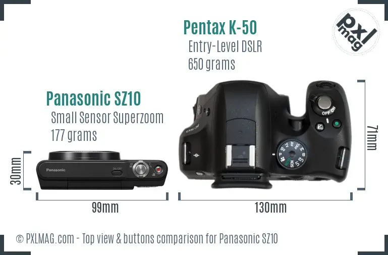 Panasonic SZ10 vs Pentax K-50 top view buttons comparison