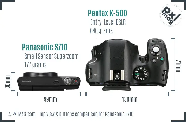 Panasonic SZ10 vs Pentax K-500 top view buttons comparison