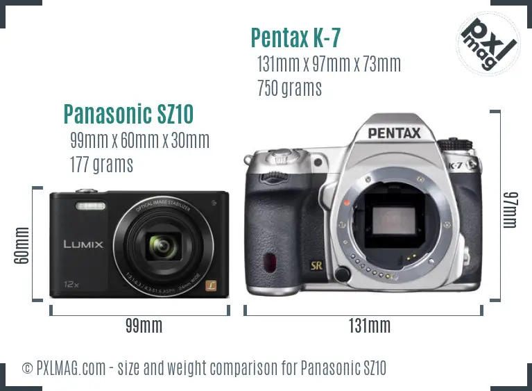 Panasonic SZ10 vs Pentax K-7 size comparison
