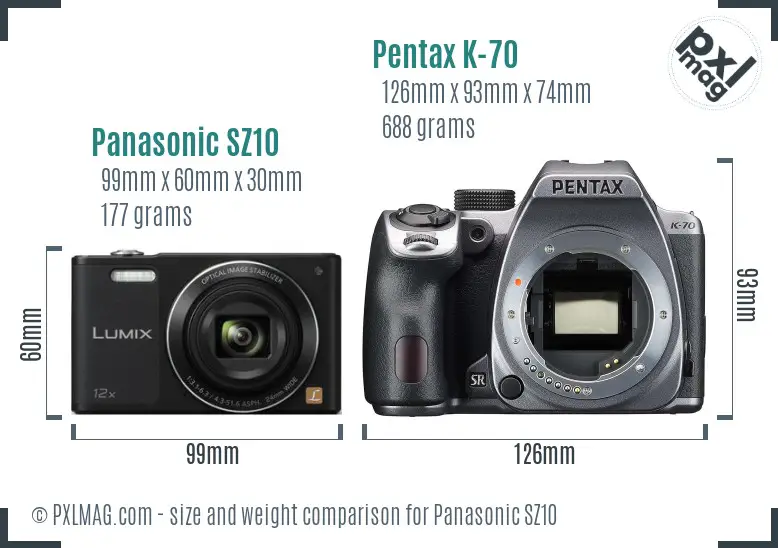 Panasonic SZ10 vs Pentax K-70 size comparison