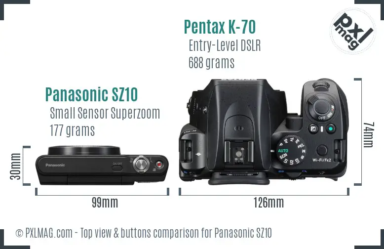 Panasonic SZ10 vs Pentax K-70 top view buttons comparison