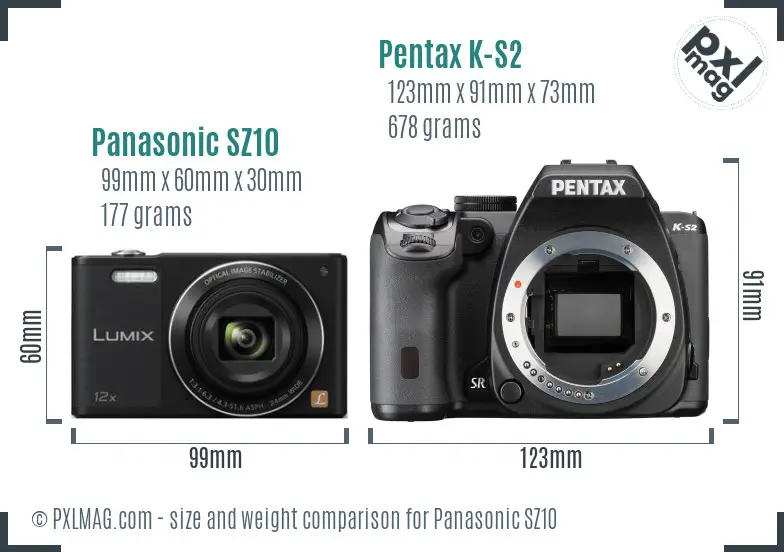 Panasonic SZ10 vs Pentax K-S2 size comparison