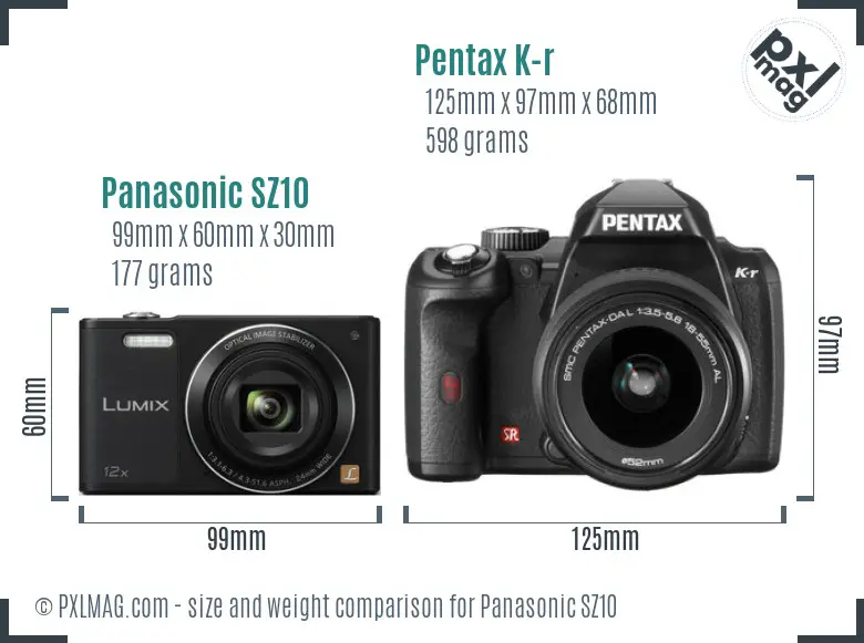 Panasonic SZ10 vs Pentax K-r size comparison
