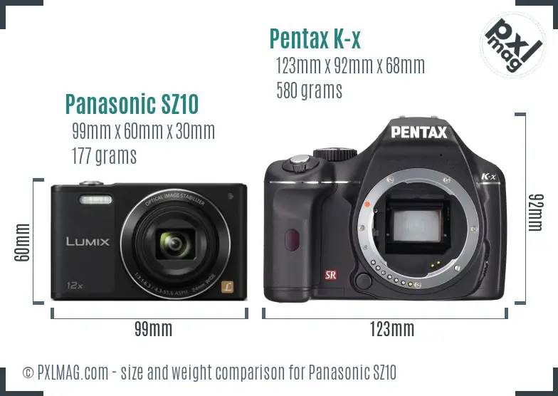 Panasonic SZ10 vs Pentax K-x size comparison