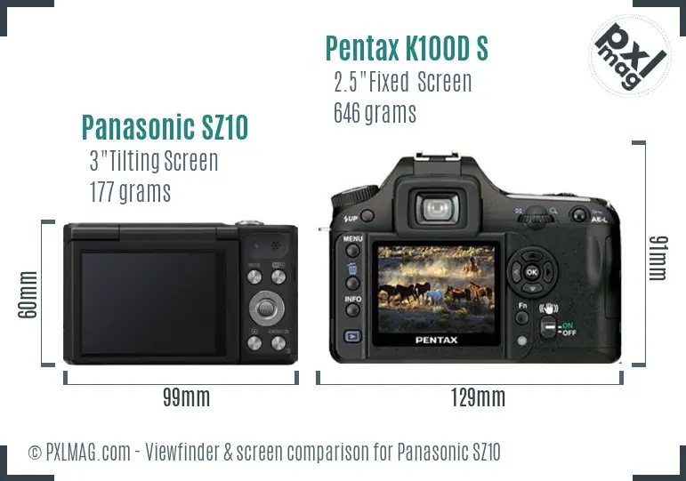 Panasonic SZ10 vs Pentax K100D S Screen and Viewfinder comparison